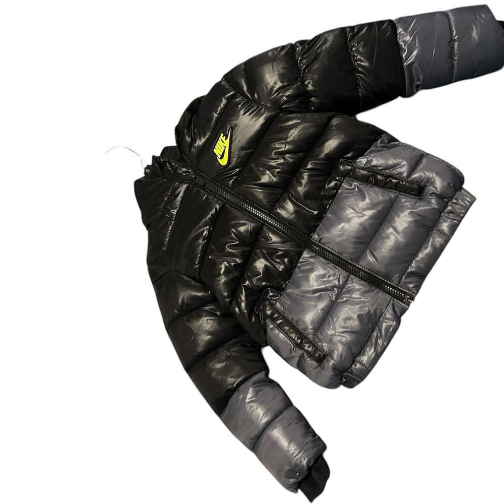 Nike Black & Gray Kids Puffer Jacket with Neon Yellow Logo